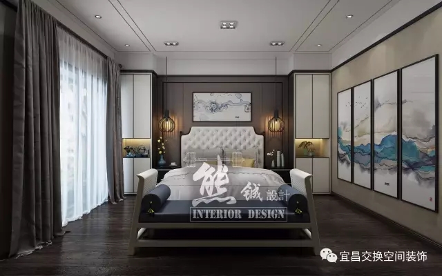 新中式風格的臥室設計，不拘泥于傳統的中式元素，而是在繼承古典的基礎上融入現代的特色，例如吊燈設計，將兩者有機地統一起來，表達出現代人對于新的精神境界的追求。